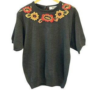 Vintage Segue Black Floral Knit Short Sleeve Sweater Sz M Embroidery Granny Chic